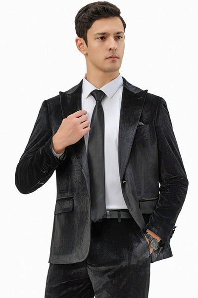 Men's Slim Fit One Button Velvet Wedding & Prom Suit in Black