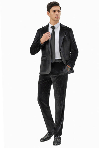 Men's Slim Fit One Button Velvet Wedding & Prom Suit in Black