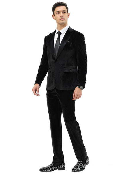 Men's Slim Fit One Button Velvet Wedding & Prom Suit in Black