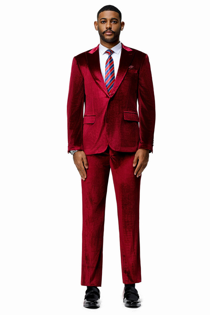 Men's Slim Fit One Button Velvet Wedding & Prom Suit in Burgundy