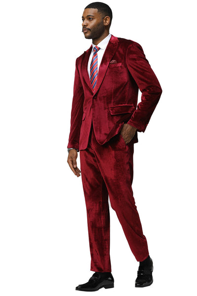 Men's Slim Fit One Button Velvet Wedding & Prom Suit in Burgundy