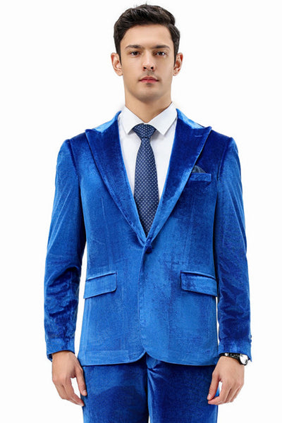 Men's Slim Fit One Button Velvet Wedding & Prom Suit in Royal Blue