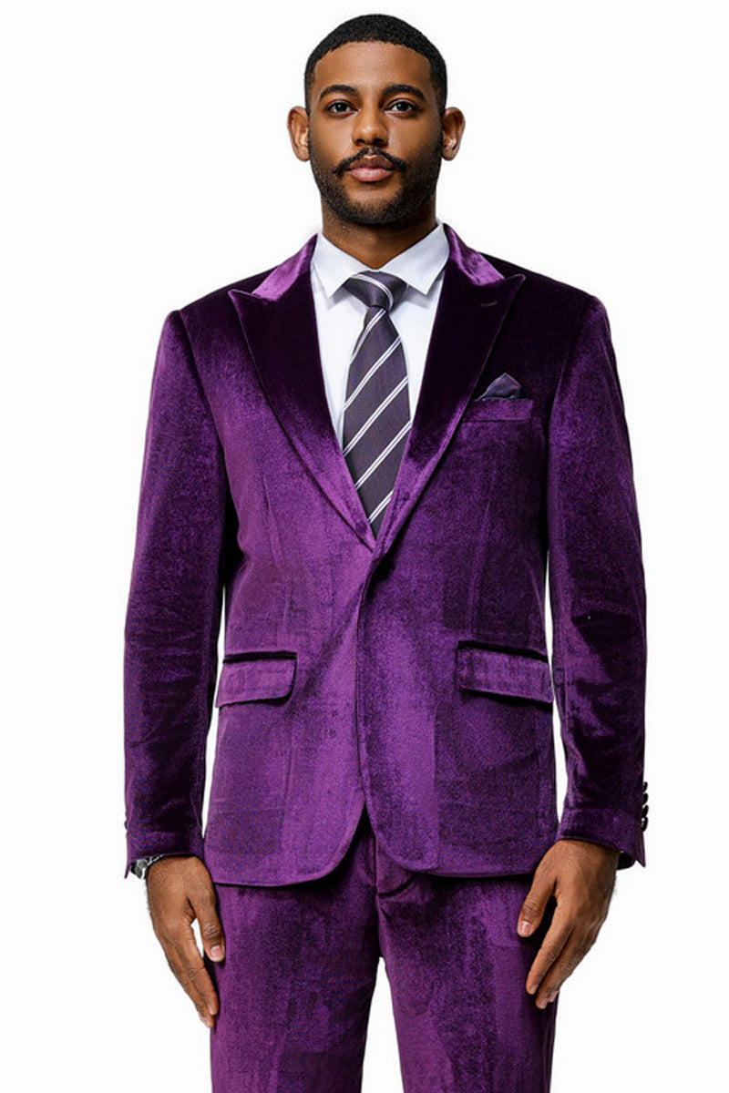 Men's Slim Fit One Button Velvet Wedding & Prom Suit in Purple
