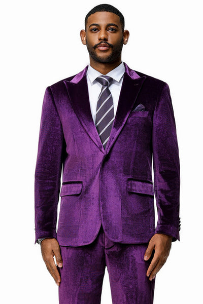 Men's Slim Fit One Button Velvet Wedding & Prom Suit in Purple