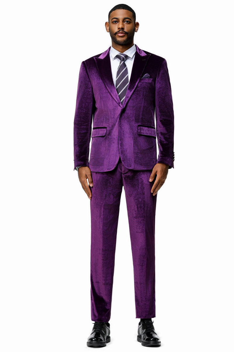 Men's Slim Fit One Button Velvet Wedding & Prom Suit in Purple