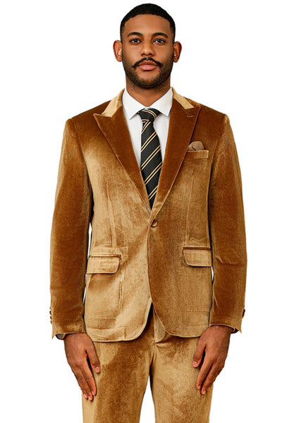 Men's Slim Fit One Button Velvet Wedding & Prom Suit in Gold
