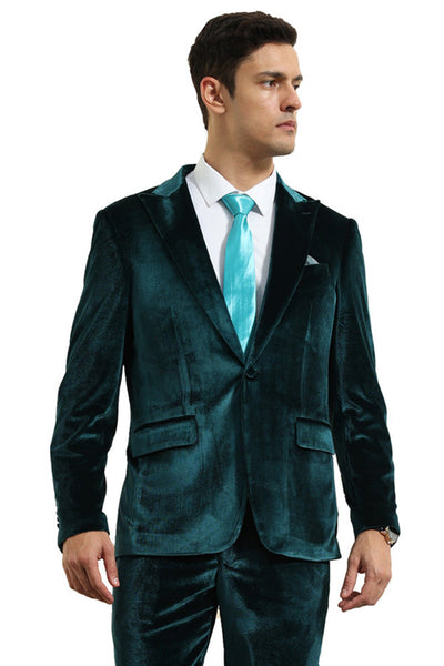 Men's Slim Fit One Button Velvet Wedding & Prom Suit in Teal Greenm