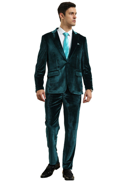 Men's Slim Fit One Button Velvet Wedding & Prom Suit in Teal Greenm