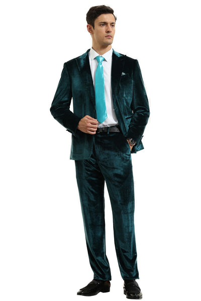 Men's Slim Fit One Button Velvet Wedding & Prom Suit in Teal Greenm