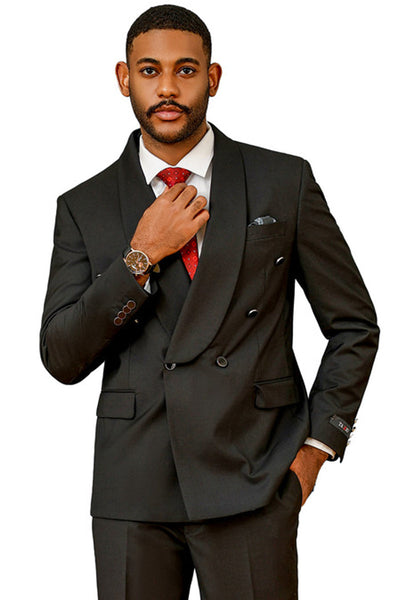 Men's Modern Fit Double Breasted Shawl Lapel Suit in Black