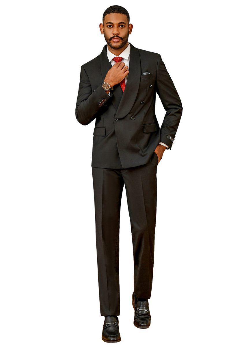 Men's Modern Fit Double Breasted Shawl Lapel Suit in Black