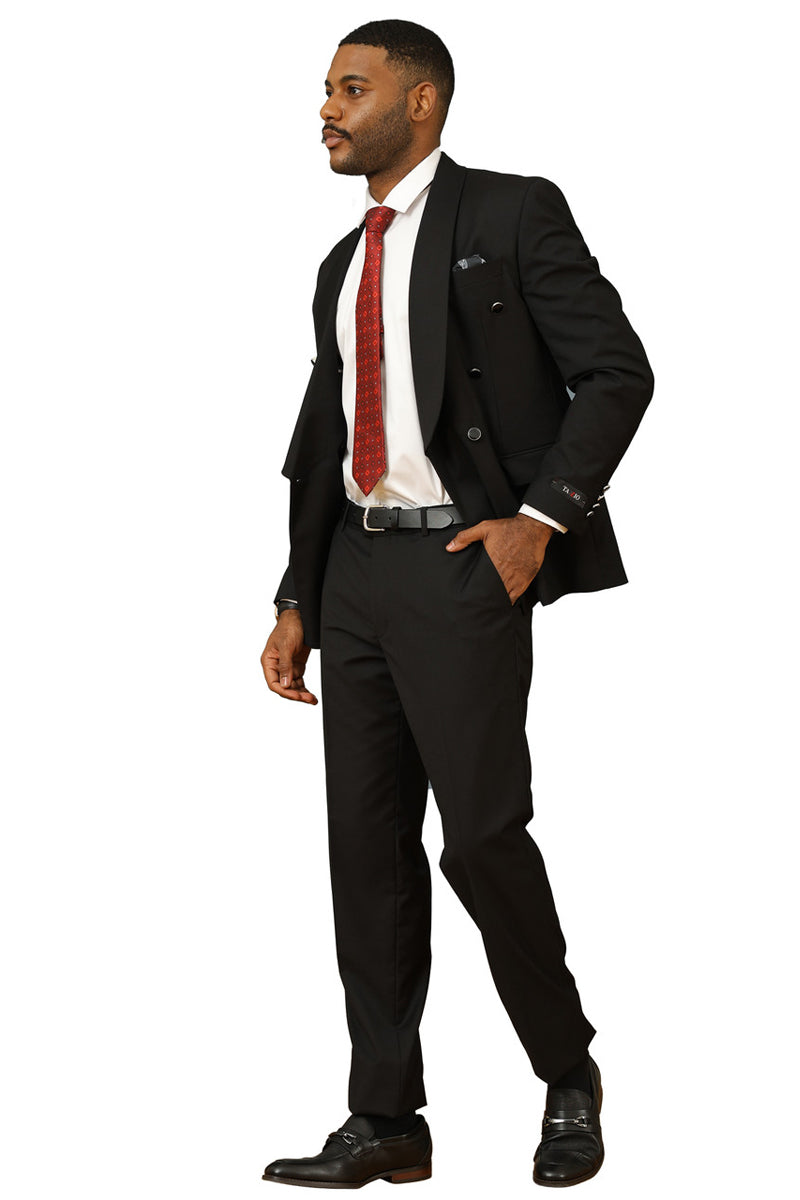 Men's Modern Fit Double Breasted Shawl Lapel Suit in Black