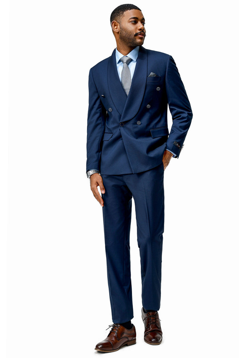 Men's Modern Fit Double Breasted Shawl Lapel Suit in Navy