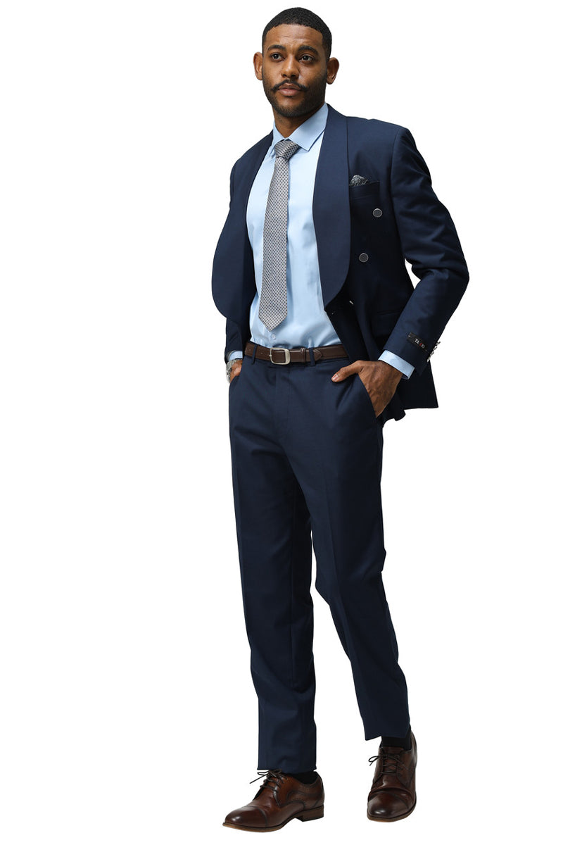 Men's Modern Fit Double Breasted Shawl Lapel Suit in Navy