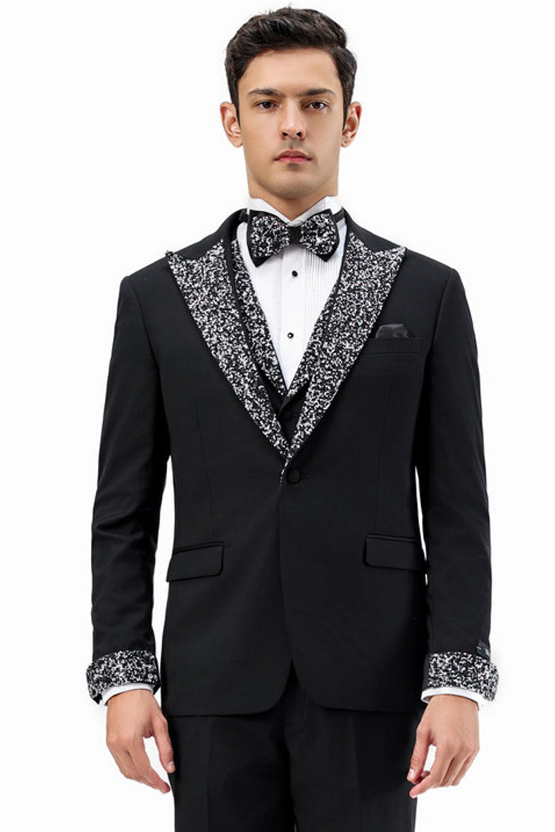 Men's One Button Rhinestone Peak Lapel Vested Prom Tuxedo in Black