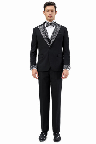 Men's One Button Rhinestone Peak Lapel Vested Prom Tuxedo in Black
