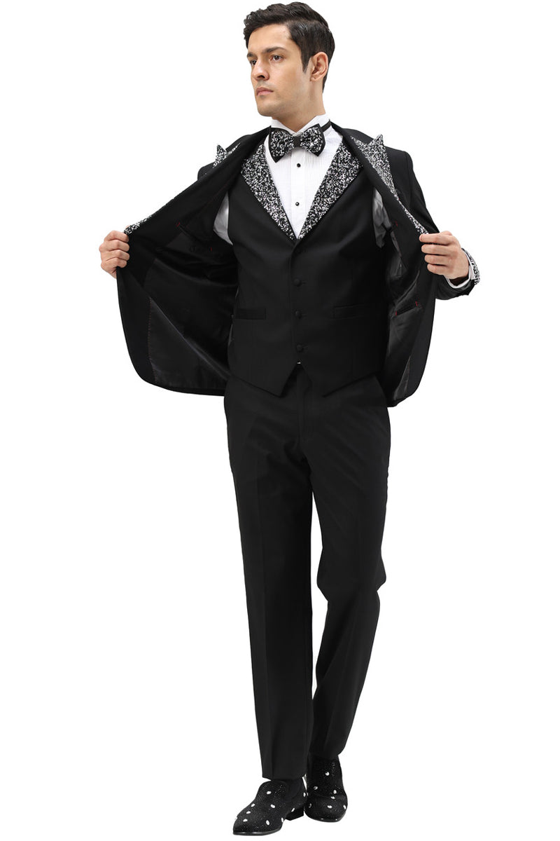 Men's One Button Rhinestone Peak Lapel Vested Prom Tuxedo in Black