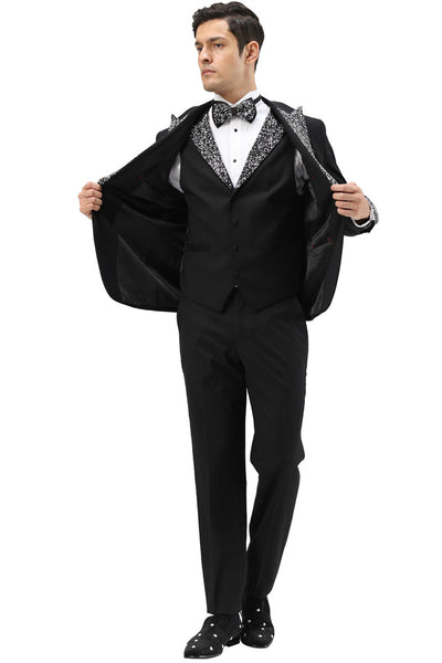 Men's One Button Rhinestone Peak Lapel Vested Prom Tuxedo in Black