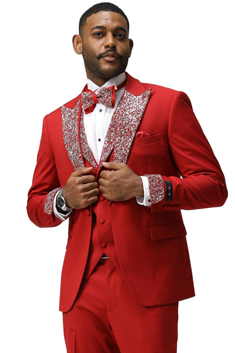 Men's One Button Rhinestone Peak Lapel Vested Prom Tuxedo in Red