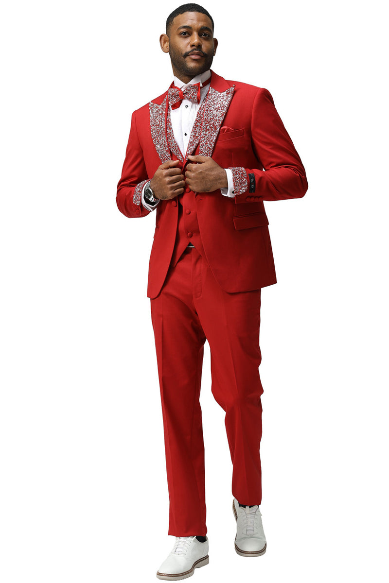 Men's One Button Rhinestone Peak Lapel Vested Prom Tuxedo in Red 40 Long / Red