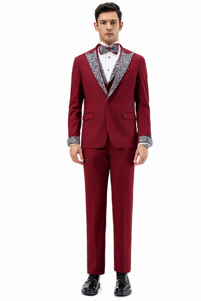 Men's One Button Rhinestone Peak Lapel Vested Prom Tuxedo in Burgundy