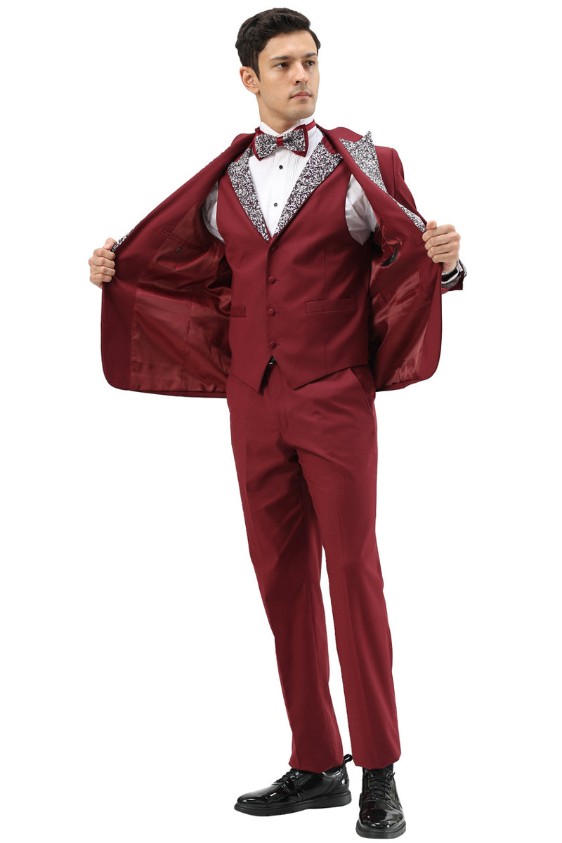 Men's One Button Rhinestone Peak Lapel Vested Prom Tuxedo in Burgundy