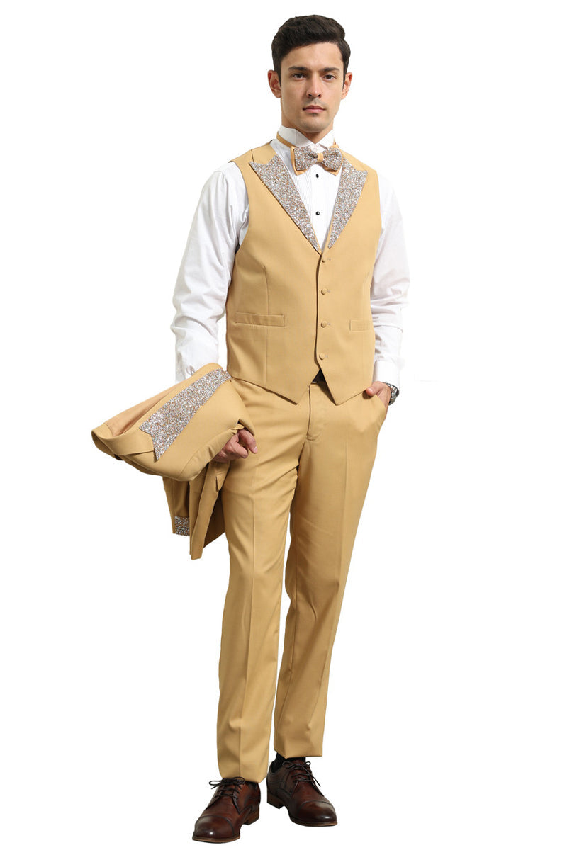 Men's One Button Rhinestone Peak Lapel Vested Prom Tuxedo in Champagne 42 Long / Champagne