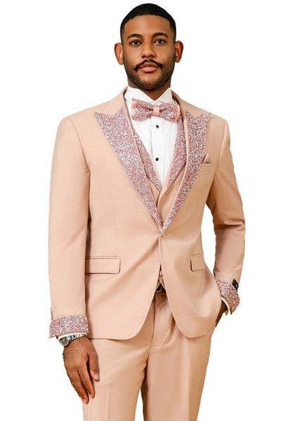 Men's One Button Rhinestone Peak Lapel Vested Prom Tuxedo in Rose Gold