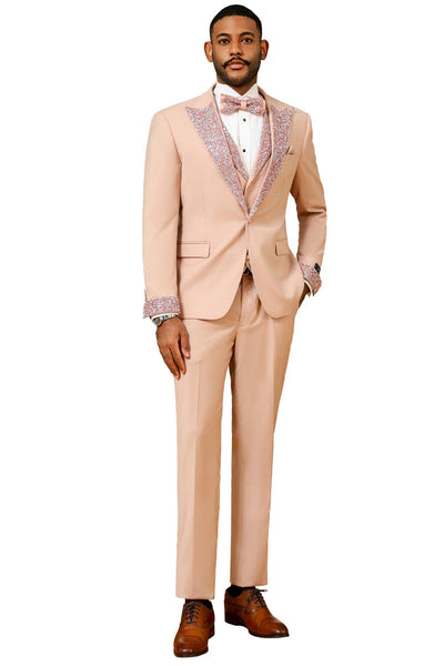 Men's One Button Rhinestone Peak Lapel Vested Prom Tuxedo in Rose Gold