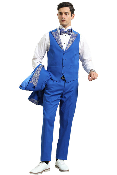 Men's One Button Rhinestone Peak Lapel Vested Prom Tuxedo in royal Blue