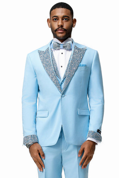 Men's One Button Rhinestone Peak Lapel Vested Prom Tuxedo in Sky Blue