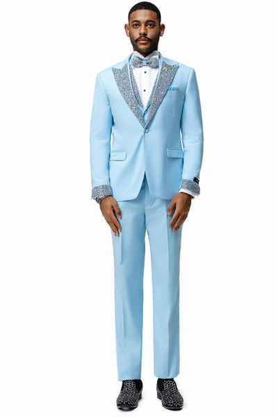 Men's One Button Rhinestone Peak Lapel Vested Prom Tuxedo in Sky Blue
