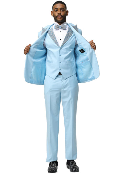Men's One Button Rhinestone Peak Lapel Vested Prom Tuxedo in Sky Blue