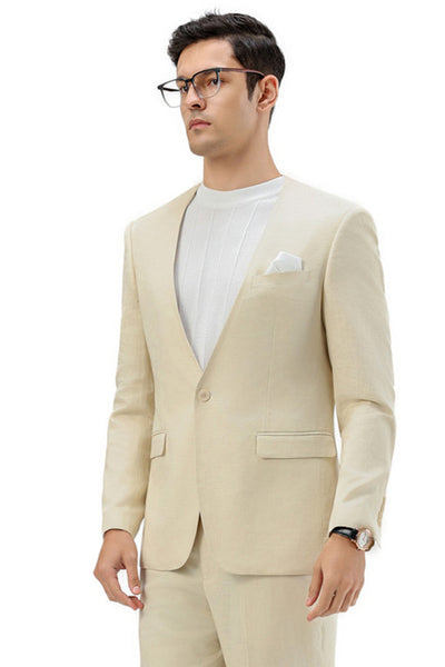Men's Modern Fit Collarless Summer Wedding Suit in Tan
