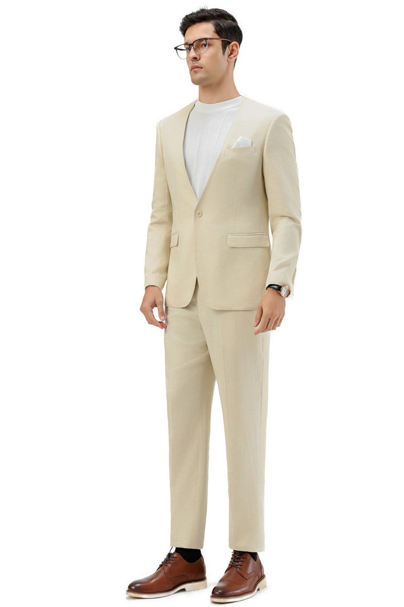 Men's Modern Fit Collarless Summer Wedding Suit in Tan 42 Regular / Tan
