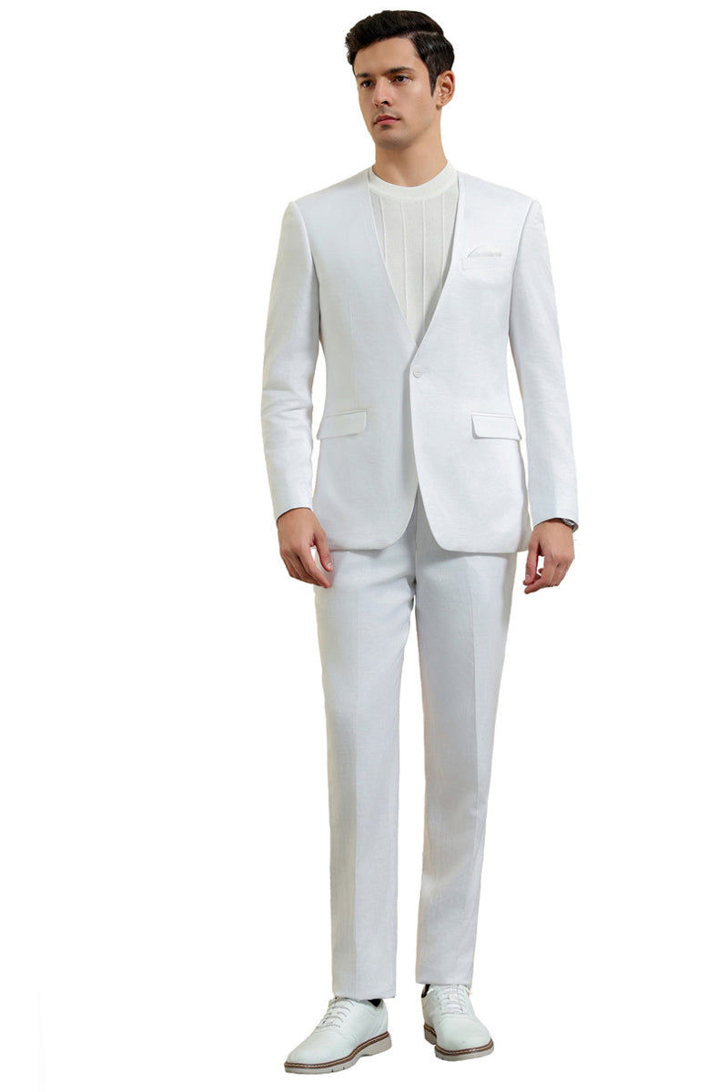 Men's Modern Fit Collarless Summer Wedding Suit in White