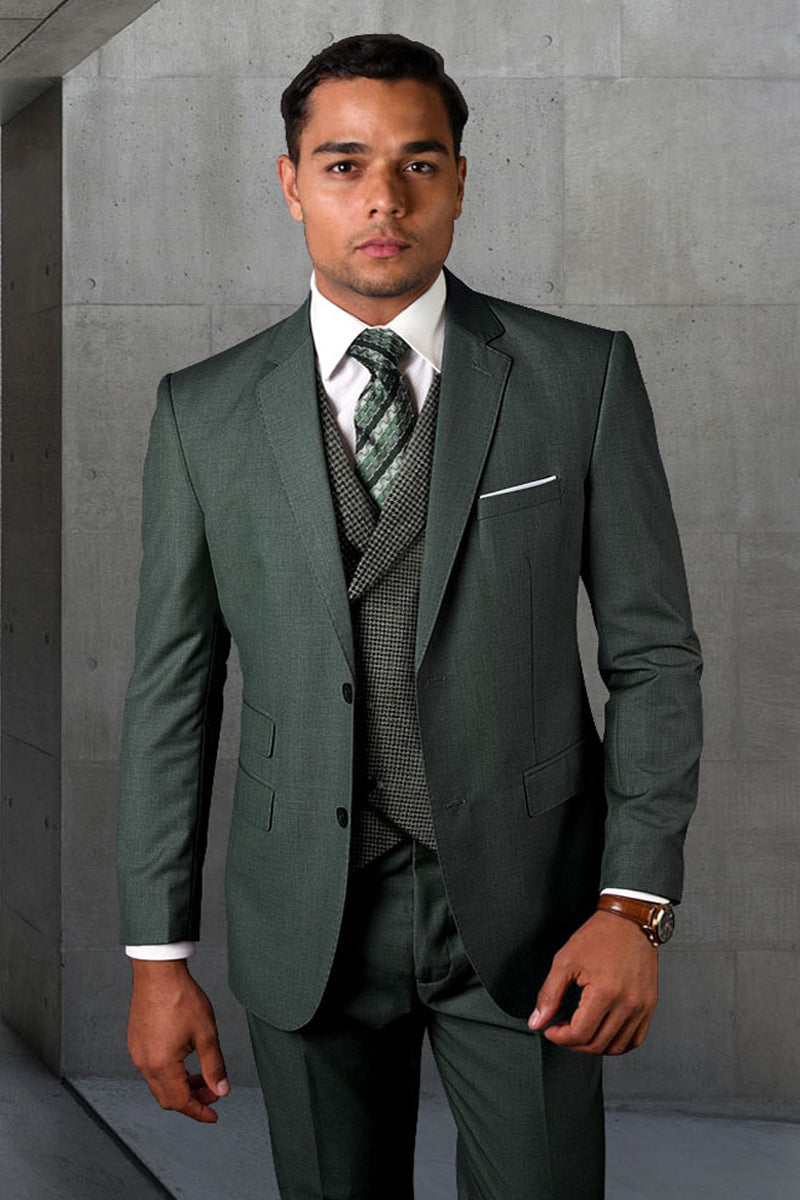 Men's Designer Two Button Wool Suit in Hunter Green with Micro Plaid Double Breasted Vest