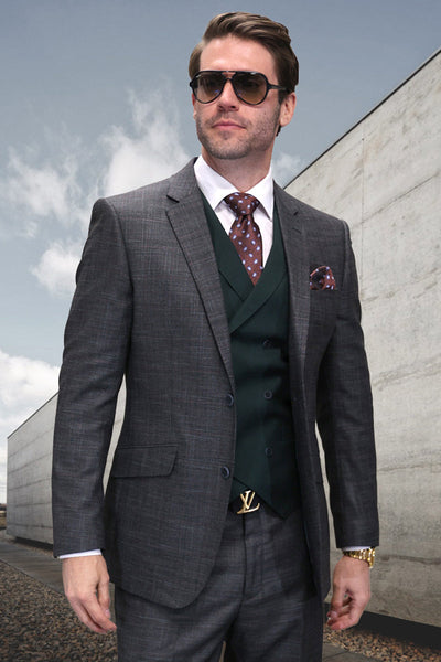 Men's Designer Woll Suit in Hunter Green Sharkskin with Double Breasted Vest