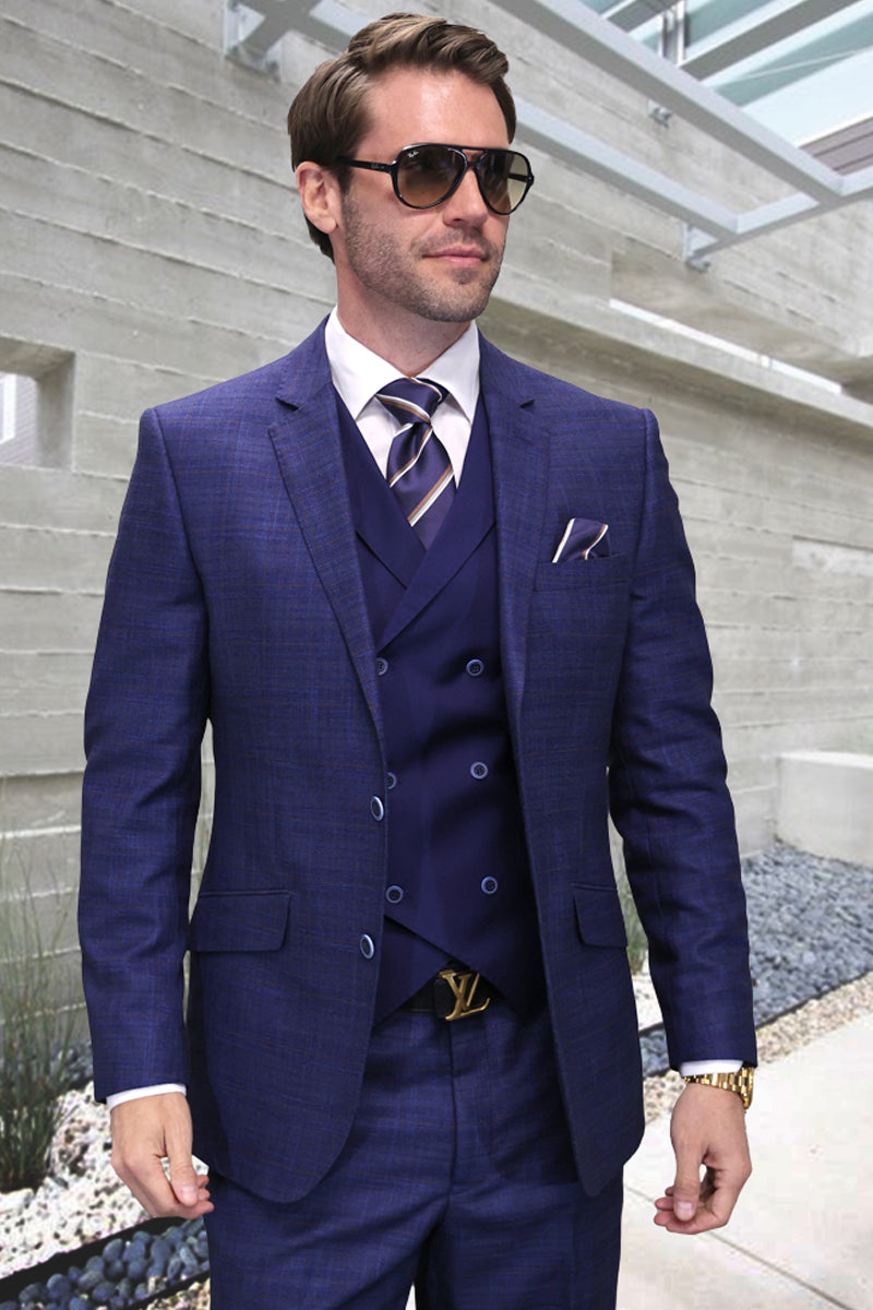 Men's Designer Woll Suit in Sapphire Blue Sharkskin with Double Breasted Vest