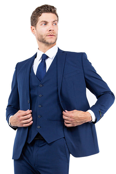 Men's One Button Vested Slim Fit Business & Wedding Suit in Navy Blue