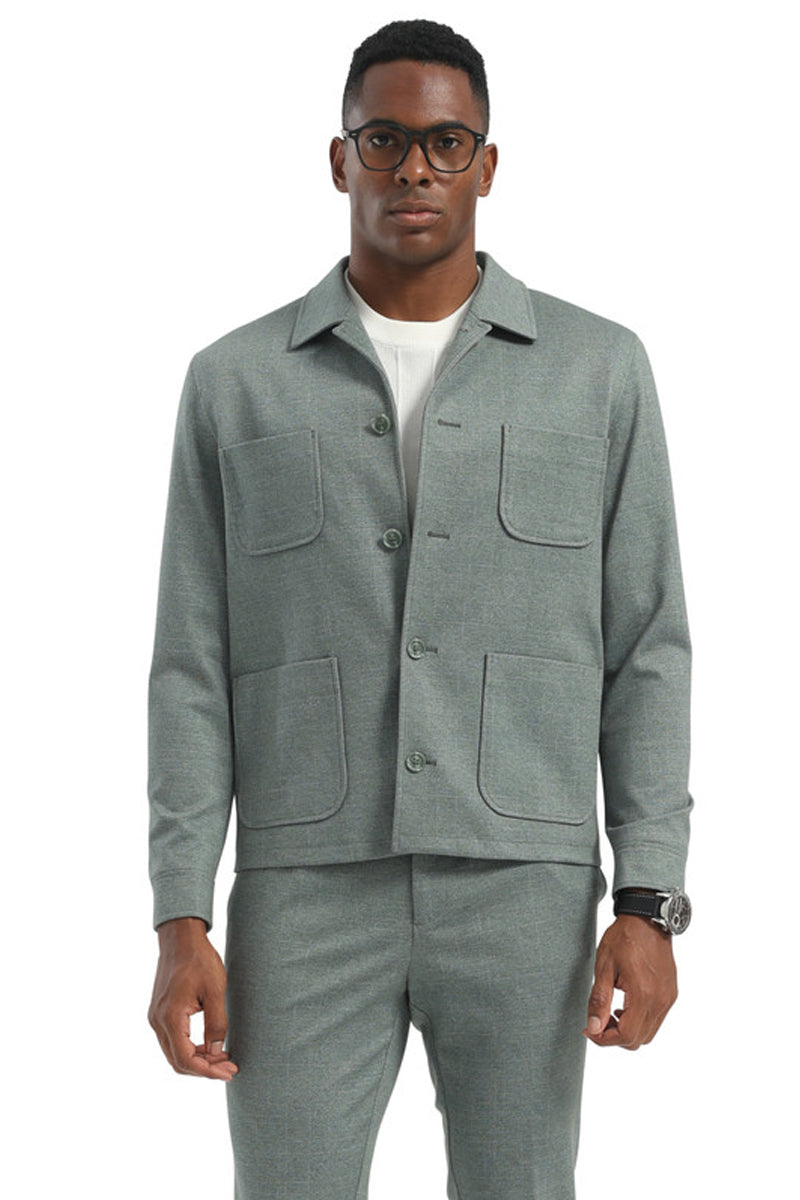 Men's Casual Walking Casual Suit Shirt & Pant Set in Sage Green
