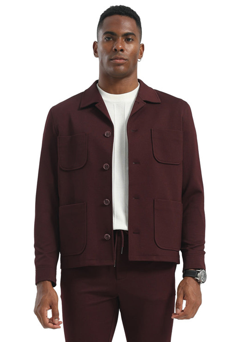 Men's Casual Walking Casual Suit Shirt & Pant Set in Burgundy