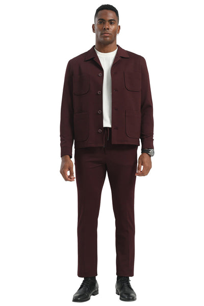 Men's Casual Walking Casual Suit Jacket & Pant Set in Burgundy