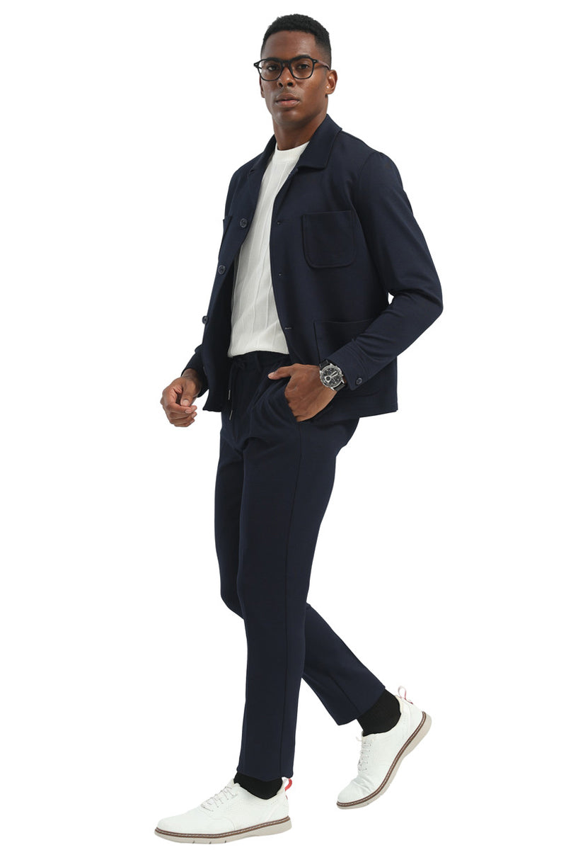 Men's Casual Walking Casual Suit Jacket & Pant Set in Navy Blue