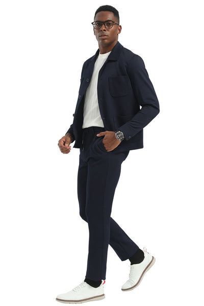 Men's Casual Walking Casual Suit Jacket & Pant Set in Navy Blue