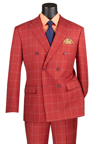 Men's Double Breasted Bold Windowpane Plaid Suit in Orange