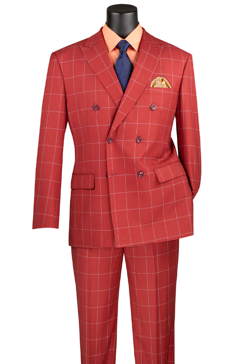 Men's Double Breasted Bold Windowpane Plaid Suit in Orange