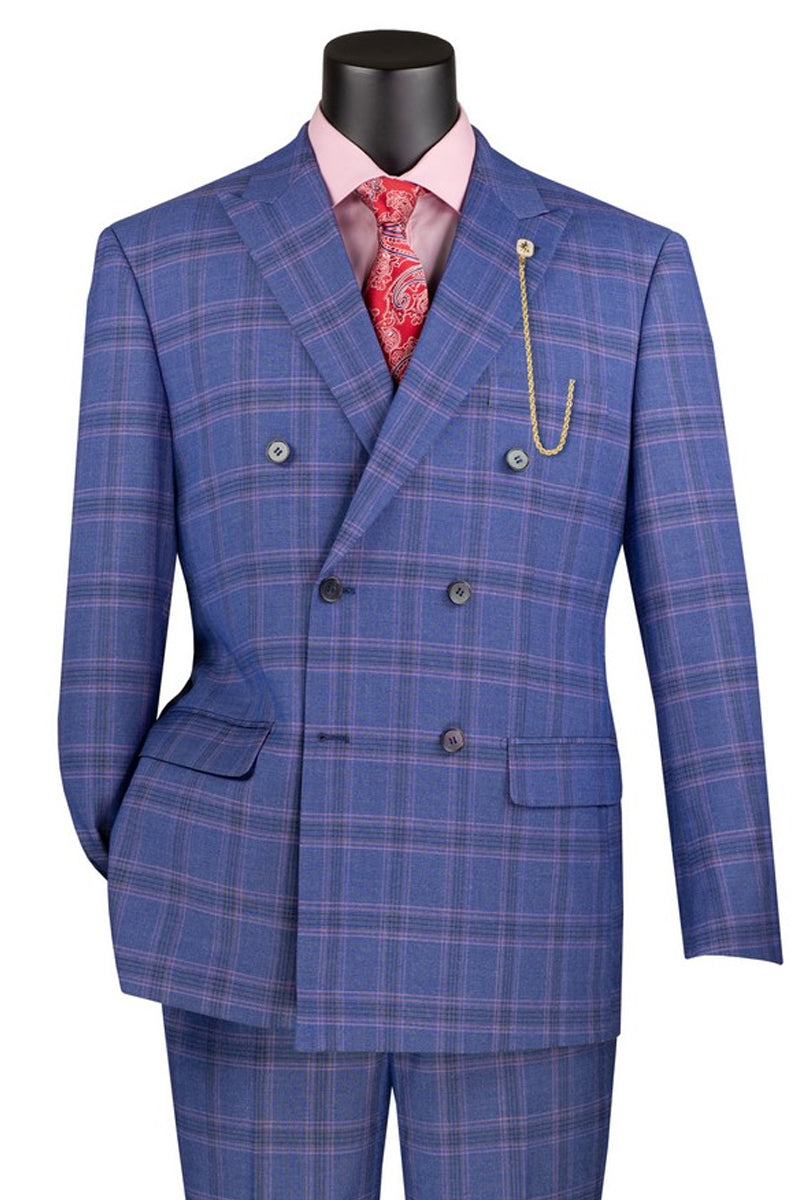 Men's Modern Fit Double Breasted Stretch Suit in Blue Glen Plaid