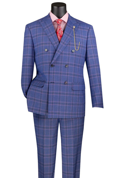 Men's Modern Fit Double Breasted Stretch Suit in Blue Glen Plaid