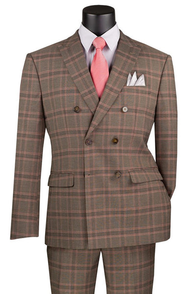 Men's Modern Fit Double Breasted Stretch Suit in Brown Glen Plaid